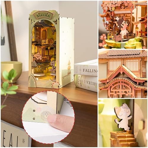 Rowood Book Nook Kits for Adults,3D Wooden Puzzle Bookend,Bookshelf Decor Insert Alley,DIY Miniature Booknook Model Craft Kits for Adults,Gifts with LED on Birthday Christmas(Falling Sakura) thumbnail 5