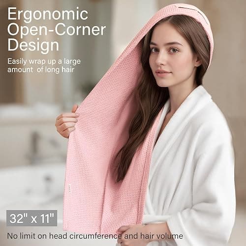 ROLSHOL 2 Pack Microfiber Hair Towel Wrap for Women, 32" x 11" Waffle Weave Hair Plopping Towel for Curly, Long & Thick Hair, Anti-Frizz Hair Turbans for Wet Hair (Light Pink,Coral Pink) thumbnail 3