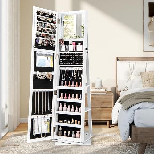 Moccha 2-in-1 Mirrored Jewelry Cabinet, 360 Rotating Free Standing Jewelry Armoire, Lockable Large Capacity Jewelry Organizer w/Full Length Mirror, Inside Makeup Mirror (White) thumbnail 2