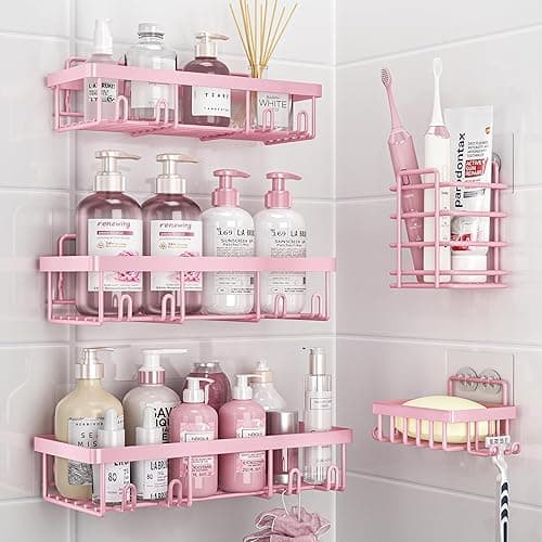 Liuoud Shower Caddy 5 Pack, Bathroom Shower Organizer Rack for Inside Shower, Adhesive Shower Shelf, Shampoo Holder, Shower Basket, Metal Wall Storage, Pink - Pink