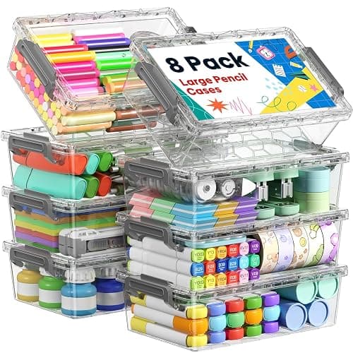 BiuLeon 8 Pack Large Pencil Box Set, Plastic Clear Pencil Case Marker Organizer, Crayon Box Craft Organizers, Stackable Storage Containers with Lid for Pen, Art and Craft Supplies(Grey) - Image 1