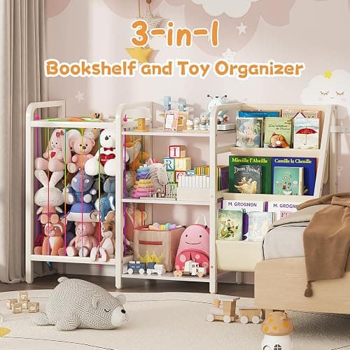 CYXPHION B1 Kids Bookshelf and Toy Storage, Book Shelf for Kids Rooms White | 3-Tier Sling Baby Bookcase with Stuffed Animal Storage, Montessori Toddler Bookshelf for Nursery, Bedroom, Playroom thumbnail 5