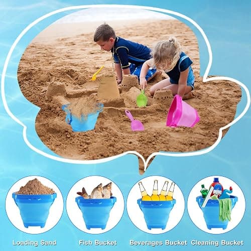 Holady Beach Bucket Sand Toy for Kids,10 PCS Kids Foldable Sand Bucket, Foldable Bucket Portable Silicone Pail and Beach Shovels Set for Kids Beach Play thumbnail 3