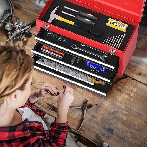 Goplus Tool Box with 3 Drawers, 4-Tier 20.5" Portable Tool Chest Organizer with Top Tool Tray, Auto Lock, Protective Liner, Handle, Steel Metal Small Toolbox for Gargae, Workshop, Home thumbnail 9