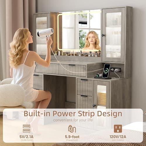 ANYMAPLE Fluted Vanity Desk with Mirror & Lights | 8 Drawers & 4 Cabinets, Tempered Glass Top, RGB Cabinet Lighting, 3-Color Dimmable Mirror, Charging Station thumbnail 6
