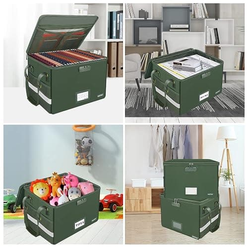 ENGPOW File Box with Lock, Fireproof Document Box with Zipper Lid, Collapsible File Storage Organizer Filing Cabinet with Handle, Portable Home Office Safe for Hanging Letter/Legal Folders, Green thumbnail 3