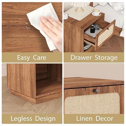 SUJOUCRAFT 16" Nightstands Set of 2, Mid-Century Vintage Wooden Night Stand with Drawer and Open Shelf, Linen Decor Farmhouse Side Table End Tbale for Bedroom, Dorm, Living Room (Walnut) thumbnail 6