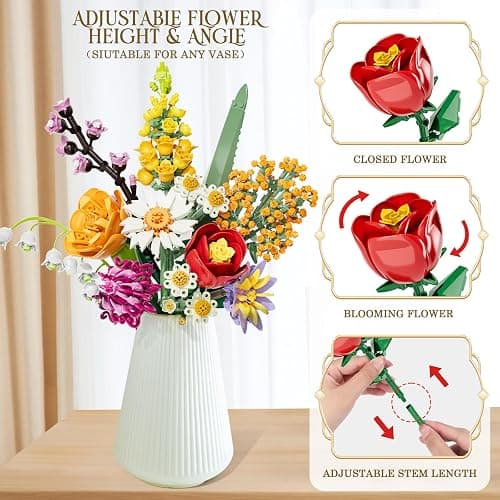 WIDELAND Flowers Bouquet Building Set, 1070PCS Artificial Plant Flower Kit Toy for Adults Kids Women Her, Wildflower Botanical Collection, Home Decor Gift for Birthday, Christmas (No Vase) thumbnail 5