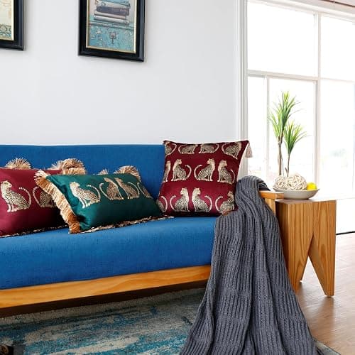 XSlive Lumbar Decorative Throw Pillow Cover with Tassels Leopard Pattern Cushion Cover Luxury Style Soft Velvet Pillowcase for Sofa Couch Bedroom (18"x18",Wine Red) thumbnail 2