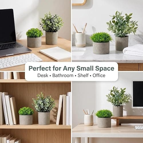 AUUGUU Artificial Potted Plants Faux Greenery in Cement Pots for Shelf, Bookshelf, Office or Home Decor, Small Decorative Fake Plants for Modern Indoor Display thumbnail 3