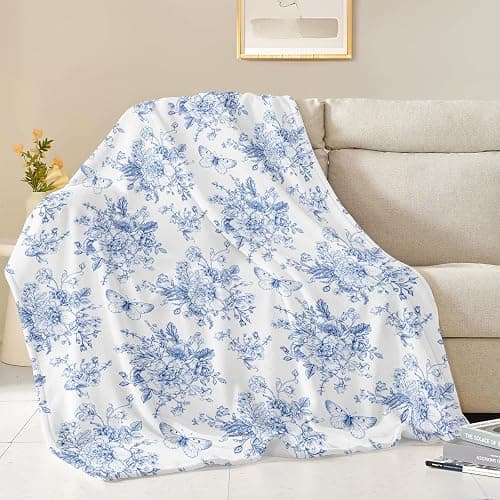 Blue and White Floral Throw Blanket, Fuzzy Soft Cozy Flannel Blanket for Home Bed Sofa Couch Chair, Decorative 50 x 60 Inch Blanket thumbnail 3