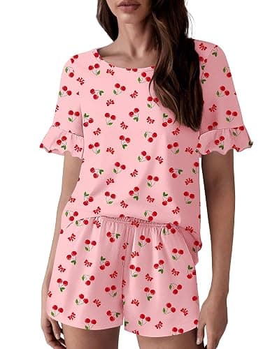 Ekouaer Womens 100% Cotton Pajamas Set Ruffle Sleeves Top and Short Soft Sleepwear 2 Piece Lounge Set with Pockets - Image 1