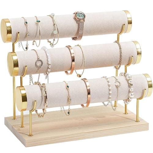 ProCase Bracelet Holder Display Bracelet Organizer Stand, Gold Detachable Bangle Storage Rack for Selling, Velvet Wrap Watch Holder with Wooden Base for Women Girls, Business Supplies - 3 Tier, Beige - Image 1