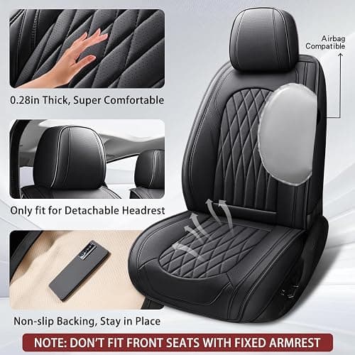 WELLDO Nappa Faux Leather Car Seat Covers Full Set, Waterproof Non-Slip Seat Protector, 0.28in Thickened Cushion, Airbag Compatible Universal Seat Covers for Cars SUV Truck Pickup, Black thumbnail 3