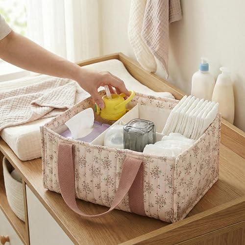 Floral Diaper Caddy Organizer with Handle Stylish Nursery Storage Basket with Removable Partition Babies Shower Gifts Basket for Boy and Girl (Daisy Pink) thumbnail 5