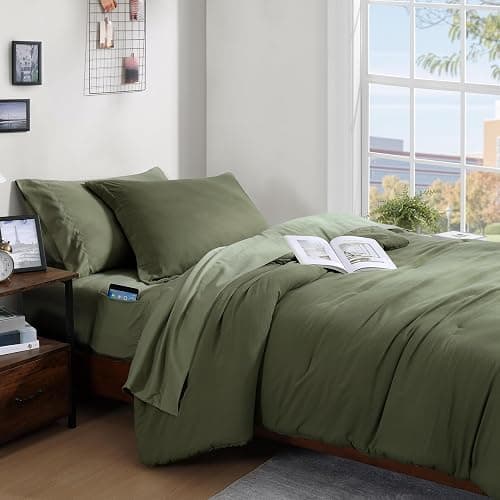 WRENSONGE Twin/Twin XL Comforter Set - 2 Pieces Olive Green Comforter Prewashed Soft Lightweight for All Seasons,Fluffy Down Alternative Twin XL Comforter with 1 Pillow Sham - Olive Green - Twin/Twin XL(66"*90") thumbnail 2