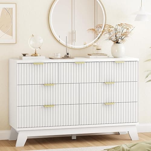 Xixini Fluted Dresser for Bedroom with 7 Drawers, 48" Wide Modern Chest of Drawers with Metal Handle, Wooden Dresser TV Stand, Wood Closet Clothes Storage Organizer for Living Room, Hallway, White thumbnail 4