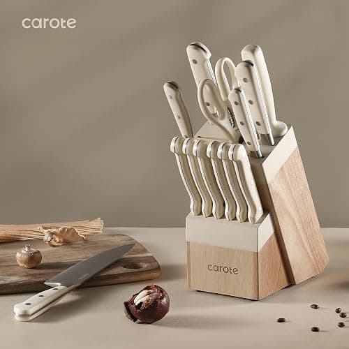 CAROTE 14 Pieces Knife Set with Block, Forged, High Carbon Stainless Steel Sharp Blade Block Knife Set, Dishwasher Safe Cutlery, Cream thumbnail 9