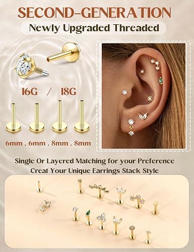 ORAZIO 18G 16G Hypoallergenic Flat Back Earrings Stud Earrings - 316L Surgical Steel Internal Thread Stud Piercing Jewelry for Tragus/Helix/Conch/Medusa/Lip/Labret - Helix Tragus Cartilage Earrings for Women thumbnail 5
