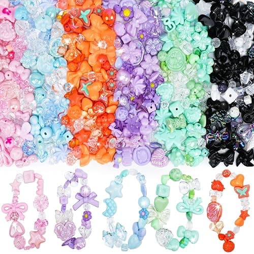 450PCS Acrylic Beads for Bracelet Making, Assorted 6 Colors Cute Beads, Flower Bow Candy Bear Kawaii Bracelet Charms for Jewelry Making, Necklace Keychains Phone Charms DIY Crafts Gifts - Image 1