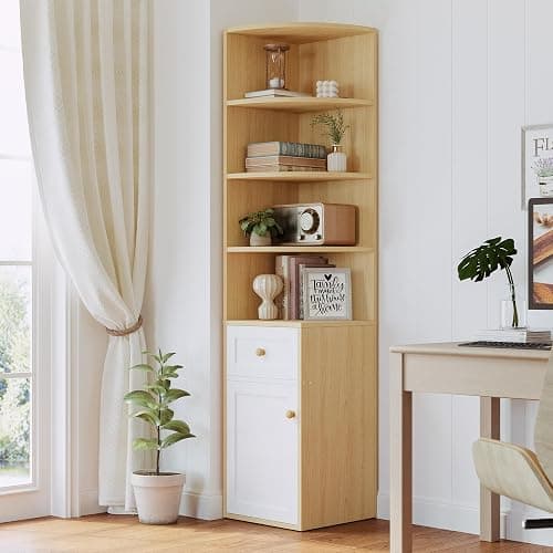 IRONCK Corner Bookshelf and Bookcase, 71" H Wooden Book Shelves 4 Tier with Drawers and Storage Cabinet for Living Room, Office, Bedroom, Oak and White thumbnail 3