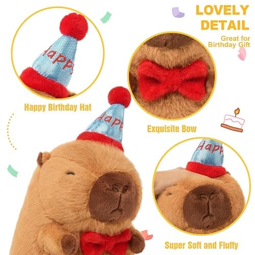 Ditucu Cute Capybara Plush with Happy Hat Red Bow Soft Capybara Stuffed Animal Plushies Toys for Birthday Gifts Party Decoration for Kids Brown 9 inch thumbnail 3