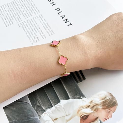 AIPPK 18K Gold Plated Clover Lucky Bracelet for Women White/Black/Red/Green Flower Four Leaf Link Bracelets Trendy Jewelry Gifts for Women thumbnail 4