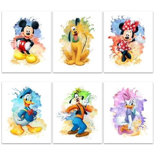 Gwency Design Mickey Mouse Watercolor Poster Set of 6 – Vintage Cartoon Wall Art for Kids Room, Nursery, Playroom, or Living Room – Unframed 8x10 Prints - Image 1