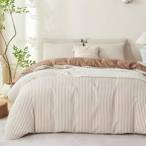 BUPIRD Mocha Brown Comforter Set King Striped Soft Washed Microfiber Jacquard 3 Pieces Striped Bedding Sets Mocha Brown White Comforter for All Seasons and 2 Pillowcases Comfort Breathable thumbnail 8