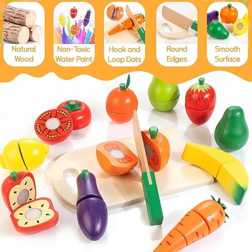 Wooden Play Food for Toddlers, Fruit & Veggies Cutting Set for Play Kitchen | Pretend Play Food, Teaches Part/Whole & Colors, Includes Knives & Board, Christmas Birthday Gift for Boys Girls 3+ Year Old thumbnail 4