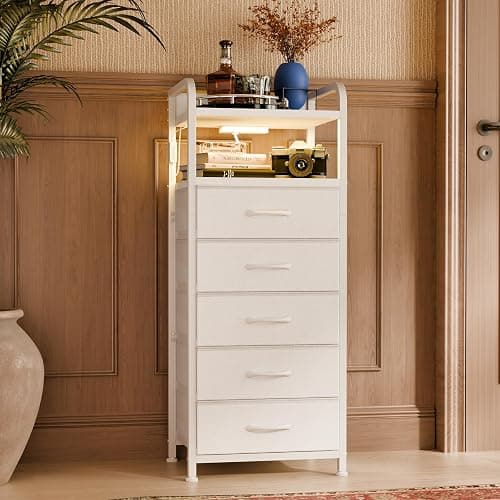 Fixwal Tall Dresser with 5 Drawers for Bedroom, 40 Inch LED Tall Nightstand with Charging Station, Night Stand White Dresser with PU Finish, Bedside Table for Dorm thumbnail 2