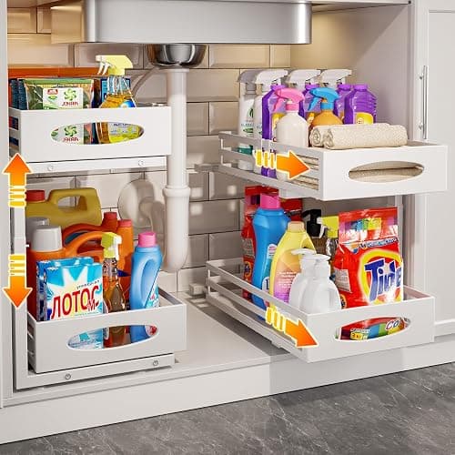 Under Sink Organizer, 2 Tier Under Sink Organizers and Storage, Adjustable Height, Slide out Metal Cabinet Organizers, Pull out Cabinet Storage Drawer Shelf for Kitchen Bathroom - Image 1