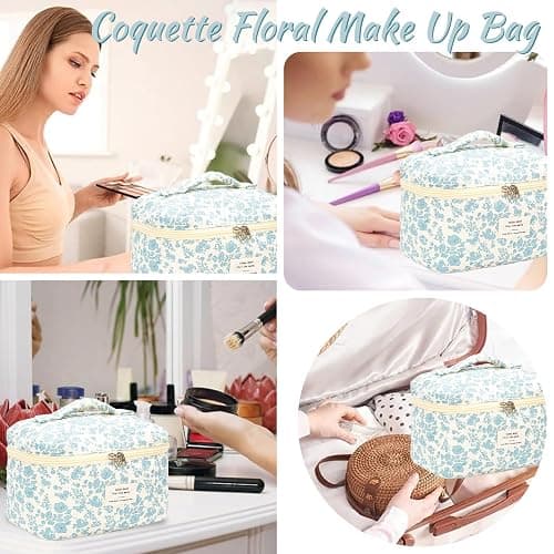 Cotton Makeup Bag Floral Quilted Cosmetic Pouch Large Capacity Flap Handheld Travel Cosmetic Bag Kawaii Coquette Aesthetic Floral Toiletry Bag for Women Girls (Blue) thumbnail 3