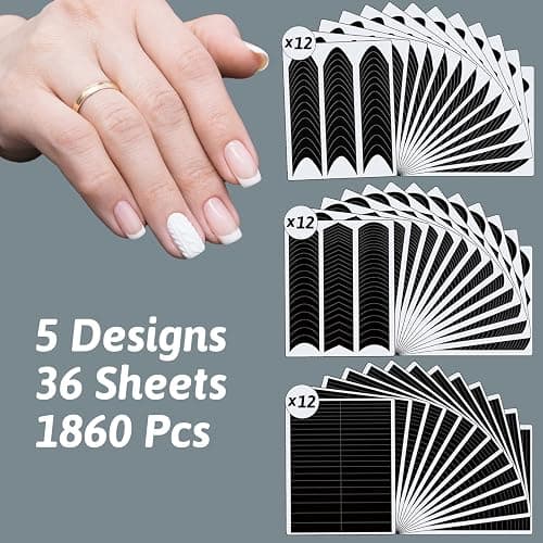 1860 Pcs French Tip Nail Guides, Self-Adhesive French V-Shaped Moon Shaped Manicure Strip Stickers for Edge Auxiliary Black DIY Decoration Stencil Tools(5 Designs, 36 Sheets) thumbnail 2