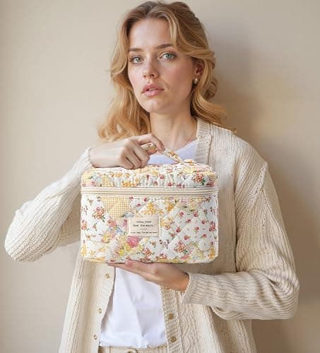 HBselect 3 PCS Quilted Makeup Bag, Cotton Large Travel Makeup Bag, Cute Floral Coquette Make up Bag Cosmetic Bag Toiletry Bag for Women Girls thumbnail 7