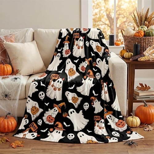 Horaldaily Halloween Black Ghost Pumpkin Skulls Flannel Throw Blanket 50x60 | All Season Using Ultra Soft Fuzzy Plush Cozy Non-shedding Blanket for Couch Sofa Bed Camping, Ideal Gift for Kids Adults thumbnail 3