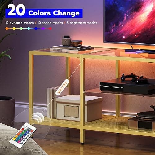 HOOBRO TV Stand with LED Lights and Power Outlets for TVs up to 65", Modern 55 Inch Tempered Glass TV Console Table with Open Shelves, Media Entertainment Center for Living Room, Gold GD145UDS01 thumbnail 4