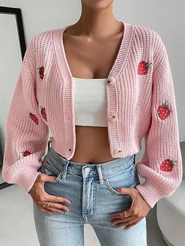 WDIRARA Women's Strawberry Embroidery Crop Cardigan Drop Shoulder Button Up Sweater Tops V Neck Outerwear thumbnail 5