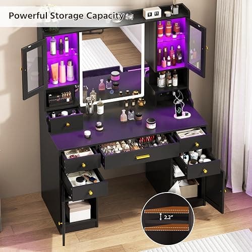 CSZZD Makeup Vanity Desk with Mirror and Lights, Black Vanity Table Set with Charging Station, Dressing Table with RGB Cabinets, Makeup Vanity Mirror with Light Desk and Drawers, 3 LED Light Modes thumbnail 4