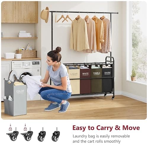 Tajsoon Laundry Sorter Cart with Hanging Rack, 5 Section Laundry Hamper, 246L (65 Gal.) Laundry Basket with Wheels, Removable Hamper Organizer for Dirty Clothes Bathroom Cloakroom, 5 Colors thumbnail 5
