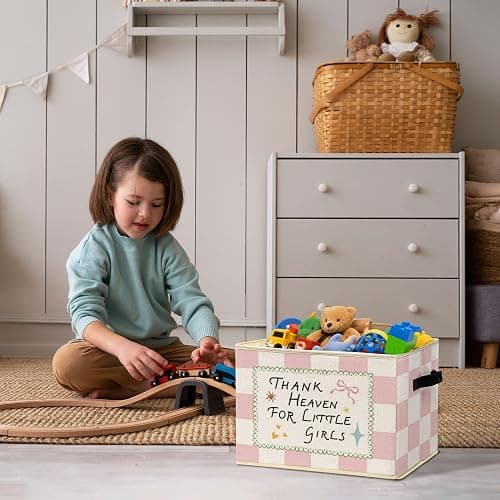 Girls Nursery Blessing Storage Bins Box Foldable Basket for Organizing | girls room collapsible storage bins box with handles, motivational checkered basket organizer for bedroom playroom, 10x14 in thumbnail 4
