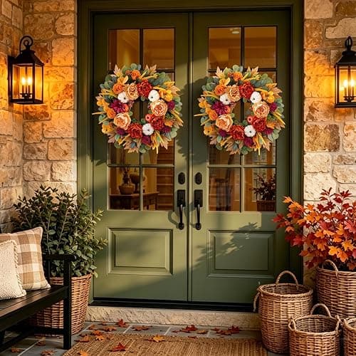 24 Inch Fall Wreaths for Front Door with Orange Peony and Burgundy Dahlias | Artificial Silk Autumn Wreath with Realistic White Pumpkin,Rustic Farmhouse Thanksgiving Halloween Decorations for Porch Wall thumbnail 4