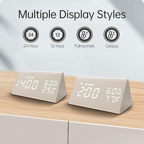 Digital Alarm Clock, with Wooden Electronic LED Time Display, 3 Alarm Settings, Humidity & Temperature Detect, Wood Made Electric Clocks for Bedroom, Bedside, Desk, White - White thumbnail 7