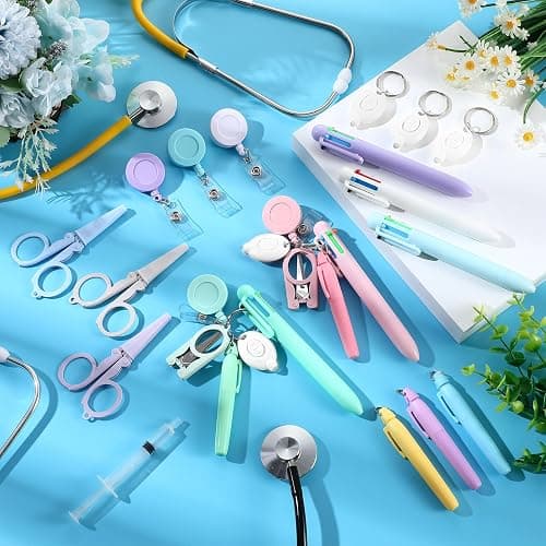 Trandraft 25 Pcs Nurse Pen Set Nurse Badge Accessories Mini Retractable Ball Pens Highlighter Badge Clip LED Keychain Folding Scissors (Pastel Color) thumbnail 2