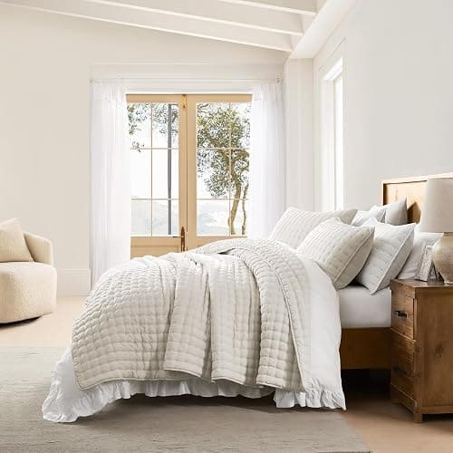 WDCOZY Ivory king Size Quilts Bedding Sets with 2 Pillow Shams, Lightweight Soft Bedspread Coverlet, Quilted Blanket Thin Comforter Bed Cover for All Season, 3 Pieces, 90x90 inches thumbnail 6