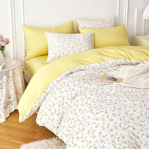 Wake In Cloud - Floral Comforter Set, Coquette Cottagecore Aesthetic Cute Flower Pattern for Women Teen Girls, Soft Lightweight Dorm Bedding, 3 Pieces, Yellow White, Queen Size thumbnail 5
