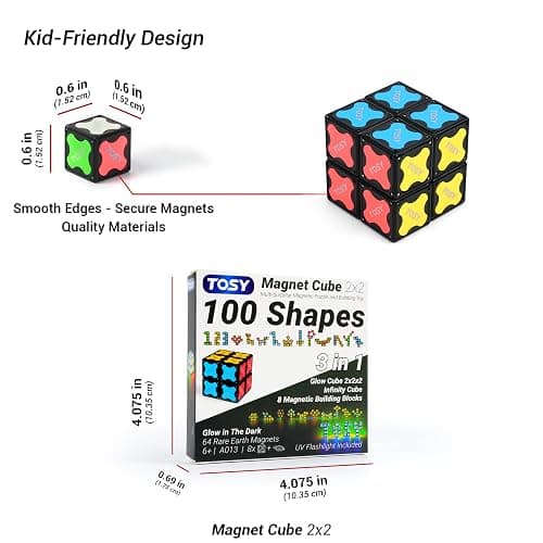 TOSY Magnet Cube 2x2-8 Blocks, 2 in 1 Toy: 2x2x2 Puzzle Cube and Customizable Infinity Cube, Glowing, UV Flashlight, Fidget/Sensory/STEM/STEAM Magnet Tiles Birthday Gift for kids/teens/adults thumbnail 2