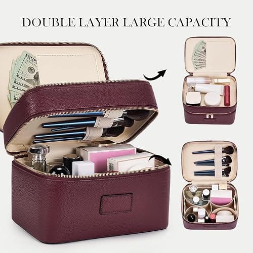 HiTotes Large Makeup Bag Duo Vanity Case for Women Leather Makeup Case Travel Toiletry Bag Portable Double Layer Cosmetic Bag thumbnail 3