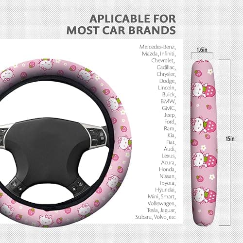 Kitty Accessories Car, Strawberry Pink Cat Wheel Cover, Y2K Car Accessories, Girly Steering Wheel Cover, Universal Fit 14.5-15 inch Auto SUV Vans Trucks, Anti-Slip and Sweat Absorption thumbnail 2