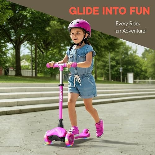 Campior Pink Mini 3 Wheel Scooter for Kids – Lean-to-Steer with LED Light-Up Wheels, Adjustable Handlebar, Wide Anti-Slip Deck, Smooth PU Wheels, Rear Foot Brake – Toddler Scooter for Ages 2+ - Pink thumbnail 3
